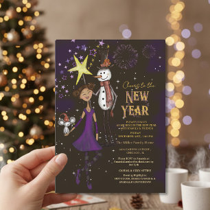 Whimsical Village Family New Year's Eve Snowman Invitation