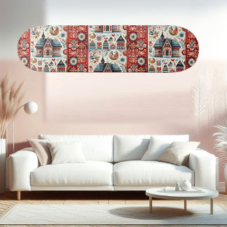 Whimsical Village Home Nordic Folk Art Scandinavia Skateboard