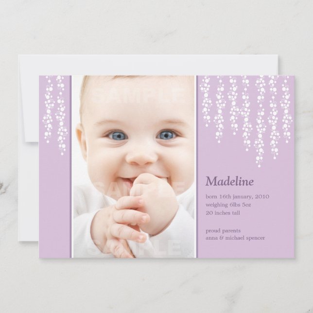 Whimsical Vines Birth Announcement Lilac Card (Front)