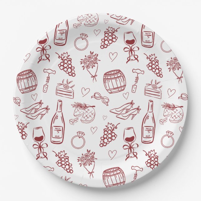 Whimsical Vino Before Vows Burgundy Bridal Shower Paper Plate (Front)