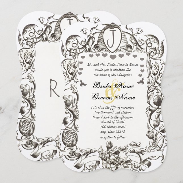 Whimsical Vintage Bee & Bee Hive Scrolled Flowers Invitation (Front/Back)