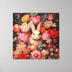 Whimsical Vintage Bunny Spring Blooms Canvas Print