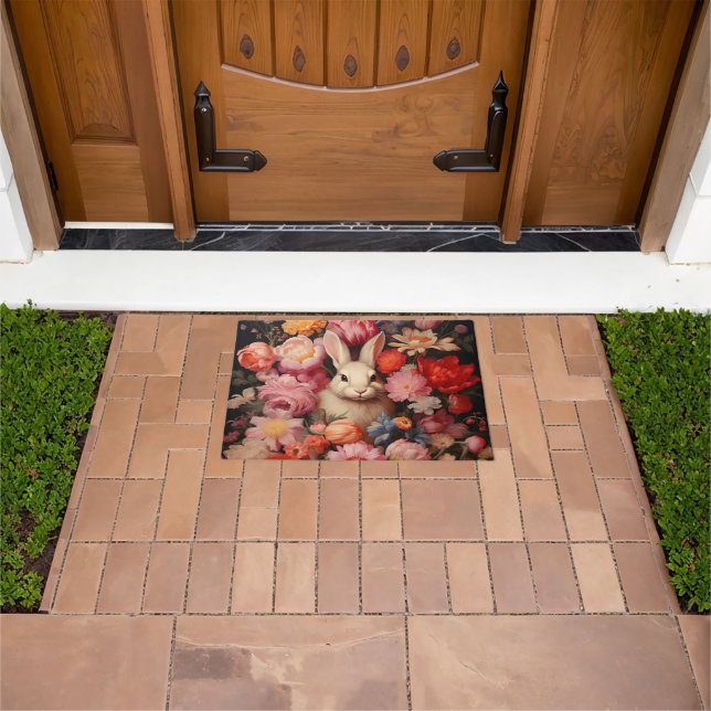 Whimsical Vintage Bunny Spring Blooms Doormat (Outdoor)