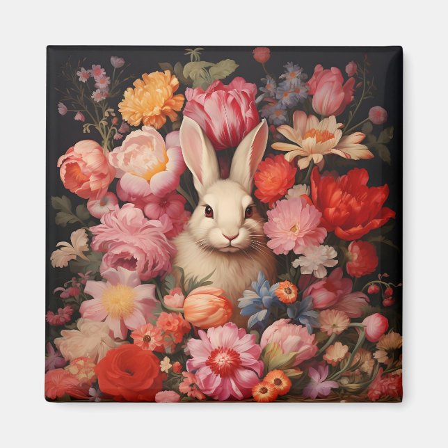 Whimsical Vintage Bunny Spring Blooms Magnet (Front)