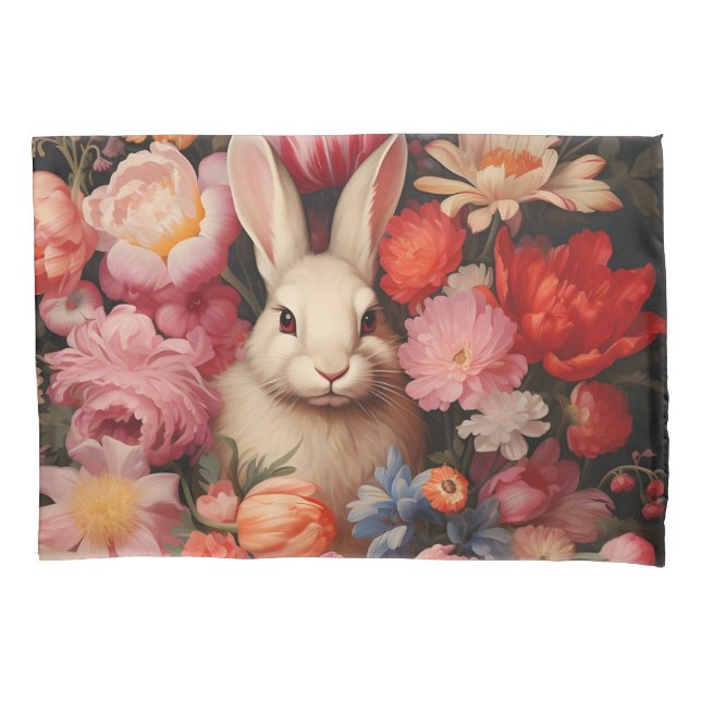 Whimsical Vintage Bunny Spring Blooms Pillowcase (Front)