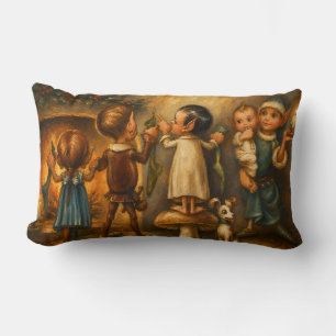 Whimsical Vintage Christmas Elves Oil Painting Lumbar Cushion