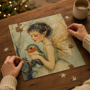 Whimsical Vintage Christmas Fairy with Robin Jigsaw Puzzle