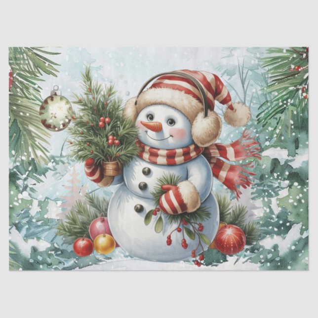 Whimsical Vintage Decoupage Christmas Snowman Tissue Paper (Front)