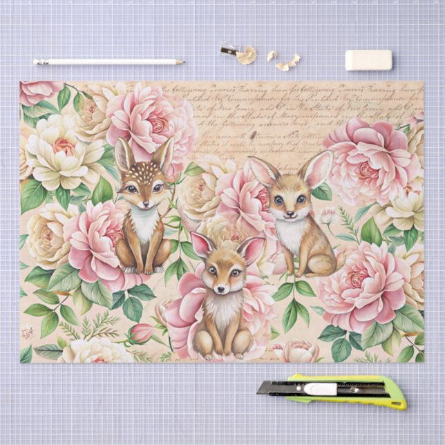 Whimsical Vintage Floral & Animals Decoupage Tissue Paper (Craft)