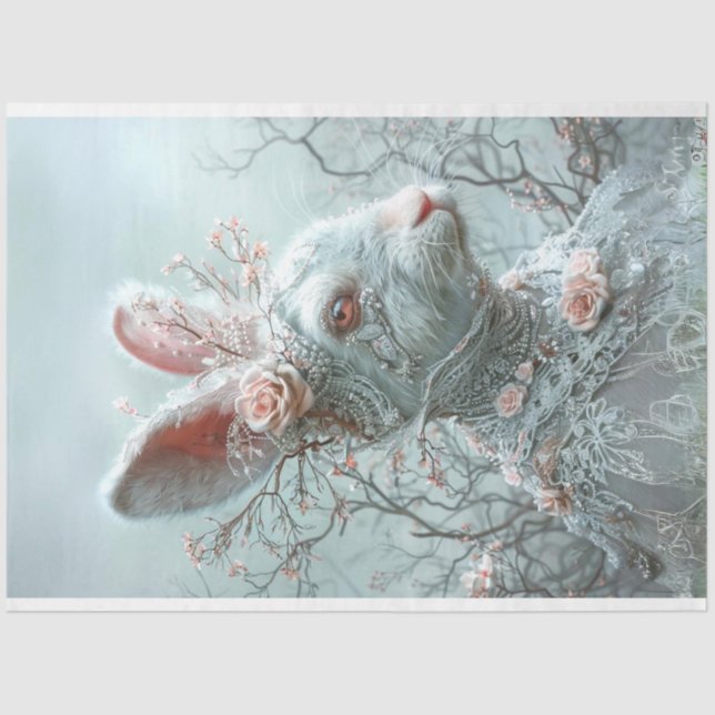Whimsical Vintage Lace Easter Rabbit Decoupage Tissue Paper (Front)