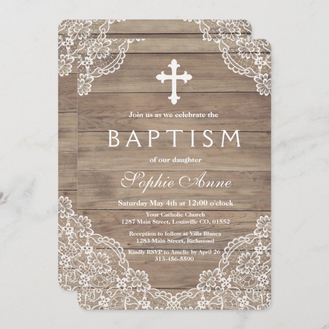 Whimsical Vintage Lace Old Barn Girl Baptism Invitation (Front/Back)
