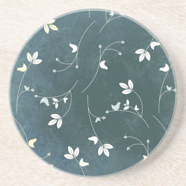 Whimsical Vintage Pattern with Birds and Leaves Coaster (Front)
