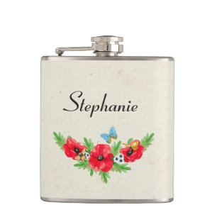 Whimsical Vintage Red Poppy Watercolor With Name Hip Flask