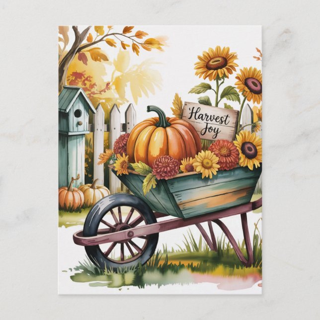 Whimsical Vintage Wheelbarrow of Fall Harvest,  Postcard (Front)