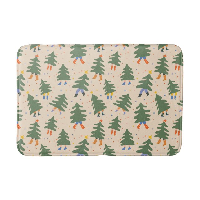 Whimsical Walking Christmas Trees Pattern Bath Mat (Front)