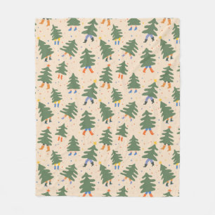 Whimsical Walking Christmas Trees Pattern Fleece Blanket