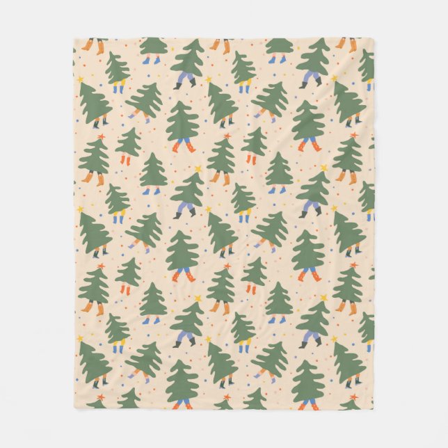 Whimsical Walking Christmas Trees Pattern Fleece Blanket (Front)
