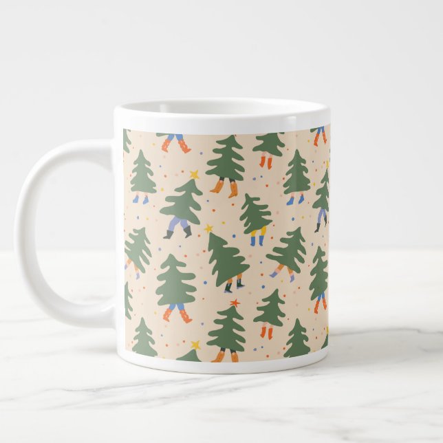 Whimsical Walking Christmas Trees Pattern Large Coffee Mug (Left)