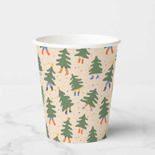 Whimsical Walking Christmas Trees Pattern Paper Cups (Front)