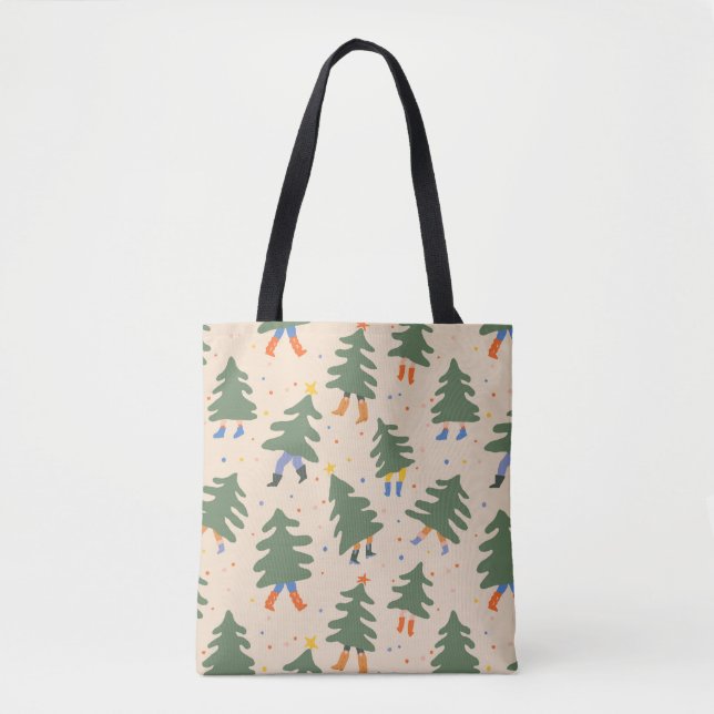 Whimsical Walking Christmas Trees Pattern Tote Bag (Front)