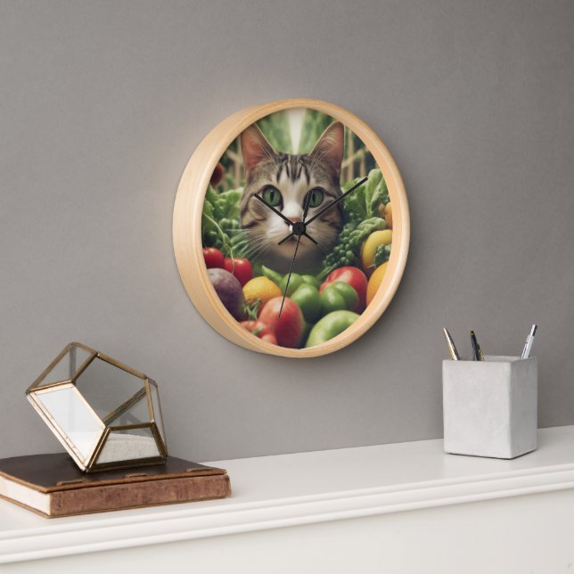 Whimsical Wall Clock with Cat and Fruit Design (Office)