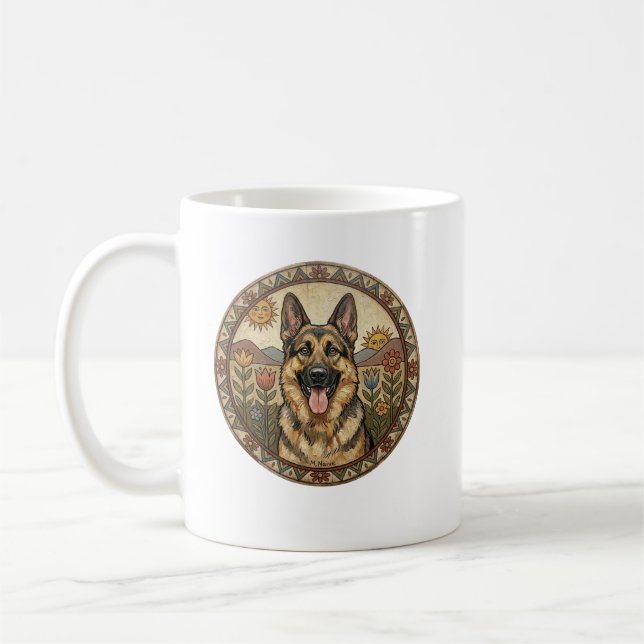 Whimsical Watchdog: German Shepherd Naive Art Coffee Mug (Left)