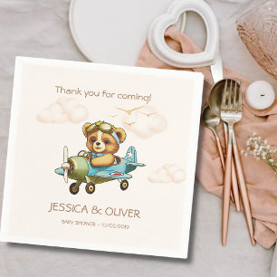 Whimsical Watercolor Aeroplane Pilot Teddy Bear Napkin