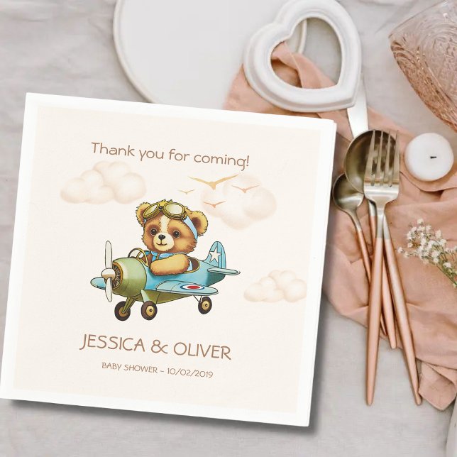 Whimsical Watercolor Aeroplane Pilot Teddy Bear  Napkin (Creator Uploaded)