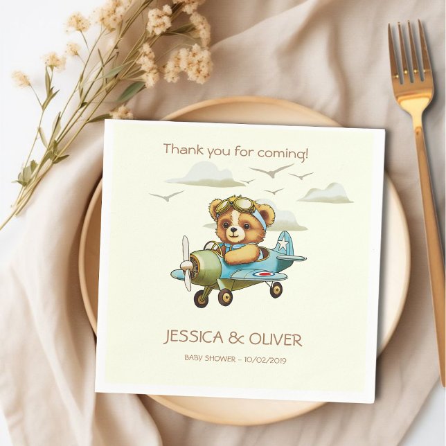 Whimsical Watercolor Aeroplane Pilot Teddy Bear  Napkin (Whimsical Watercolor Airplane Pilot Teddy Bear Napkins)