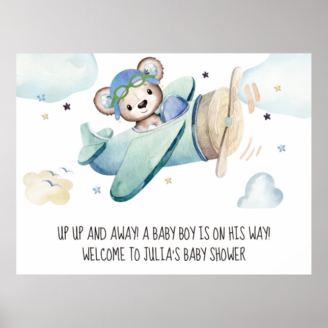 Whimsical Watercolor Aeroplane Pilot Teddy Bear Poster (Front)