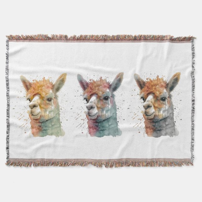 Whimsical Watercolor Alpacas Throw Blanket (Front)