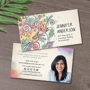Whimsical Watercolor and pen Art Therapist  Business Card