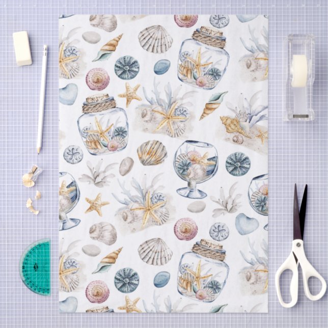Whimsical Watercolor Beach Shells Decoupage Paper (Craft)