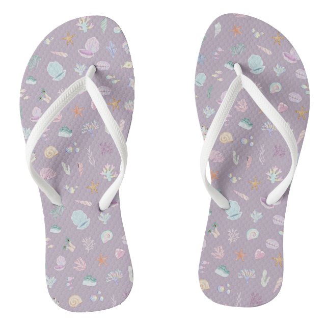 Whimsical Watercolor Beachy Seashells Thongs (Footbed)