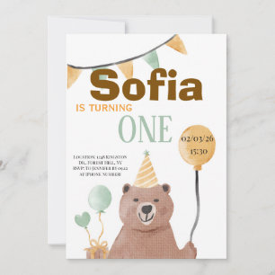 Whimsical Watercolor Bear 1st Birthday Invitation