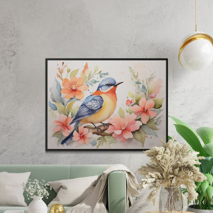 Whimsical Watercolor Bird Floral Art  Poster