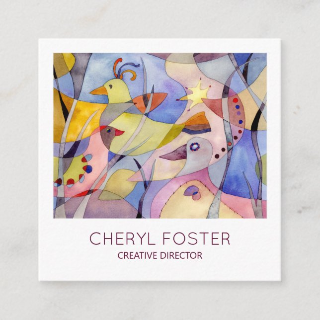 Whimsical Watercolor Birds Square Business Card (Front)