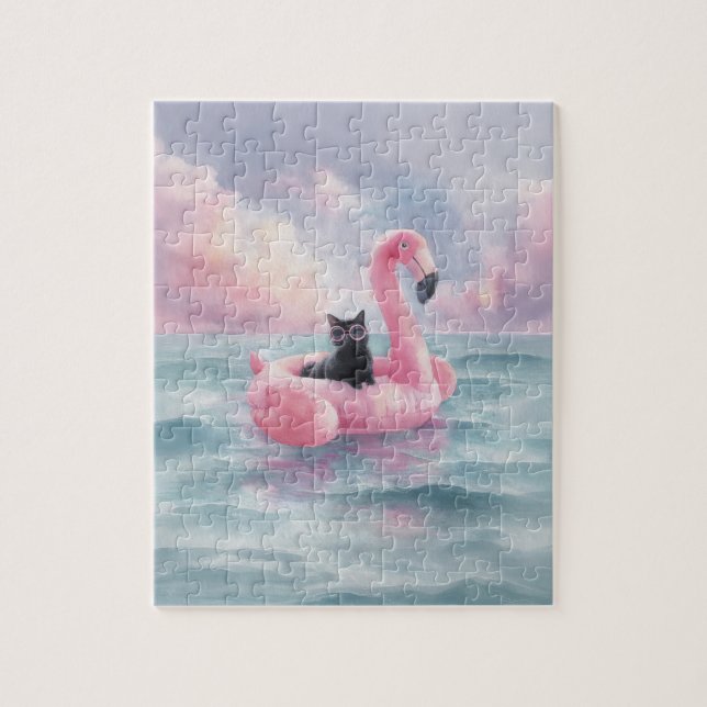 Whimsical Watercolor Black Cat Flamingo Float Jigsaw Puzzle (Vertical)