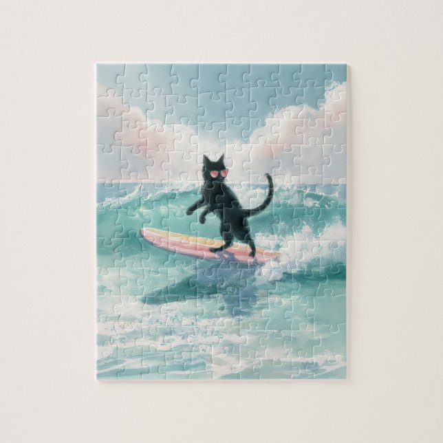 Whimsical Watercolor Black Cat Surfing Puzzle (Vertical)