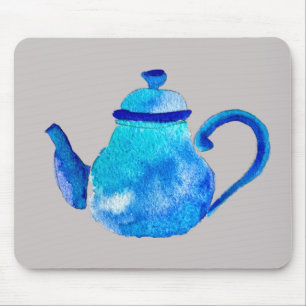 Whimsical watercolor blue teapot mouse pad