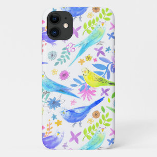 Whimsical Watercolor Budgie Parakeets iPhone 11 Case