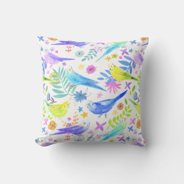 Whimsical Watercolor Budgie Parakeets Cushion (Front)