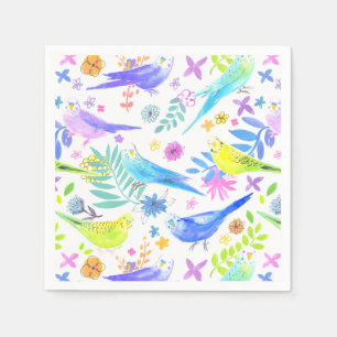 Whimsical Watercolor Budgie Parakeets Napkin