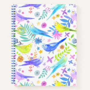 Whimsical Watercolor Budgie Parakeets Notebook