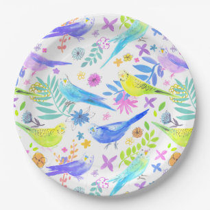 Whimsical Watercolor Budgie Parakeets Paper Plate