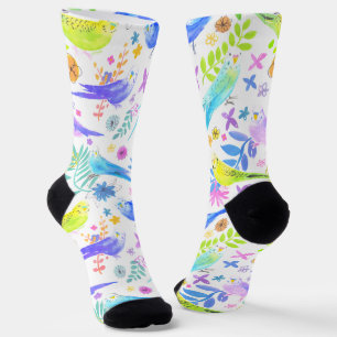 Whimsical Watercolor Budgie Parakeets Socks