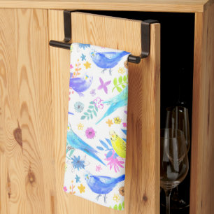 Whimsical Watercolor Budgie Parakeets Tea Towel