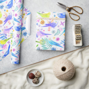 Whimsical Watercolor Budgie Parakeets Wrapping Paper
