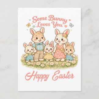Whimsical Watercolor Bunny Family Happy Easter Holiday Postcard