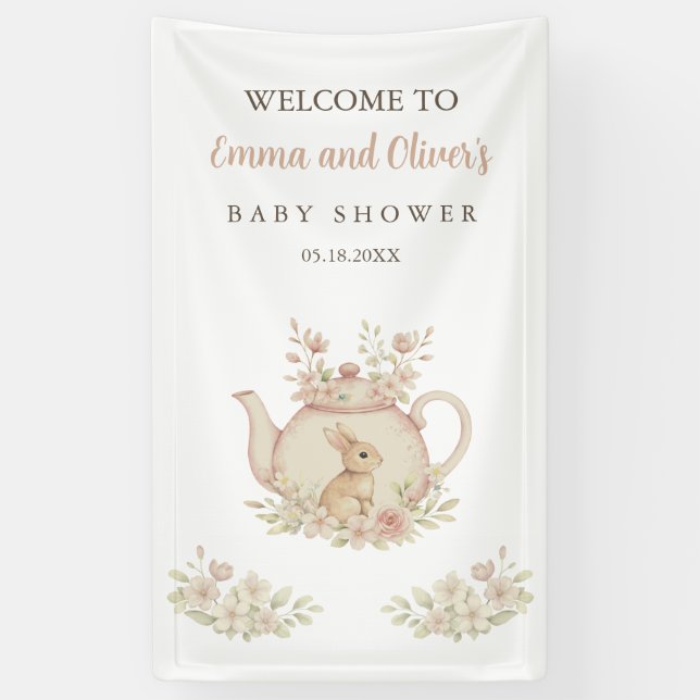 Whimsical Watercolor Bunny Tea Party Baby Shower Banner (Vertical)